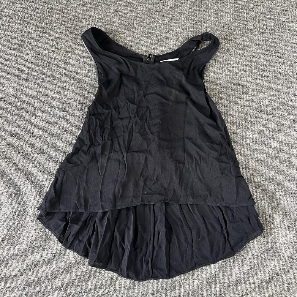 Alice + Olivia Womens Tank Top Medium Black Hi Low Zip Back Leather Trim Tunic - Picture 1 of 11